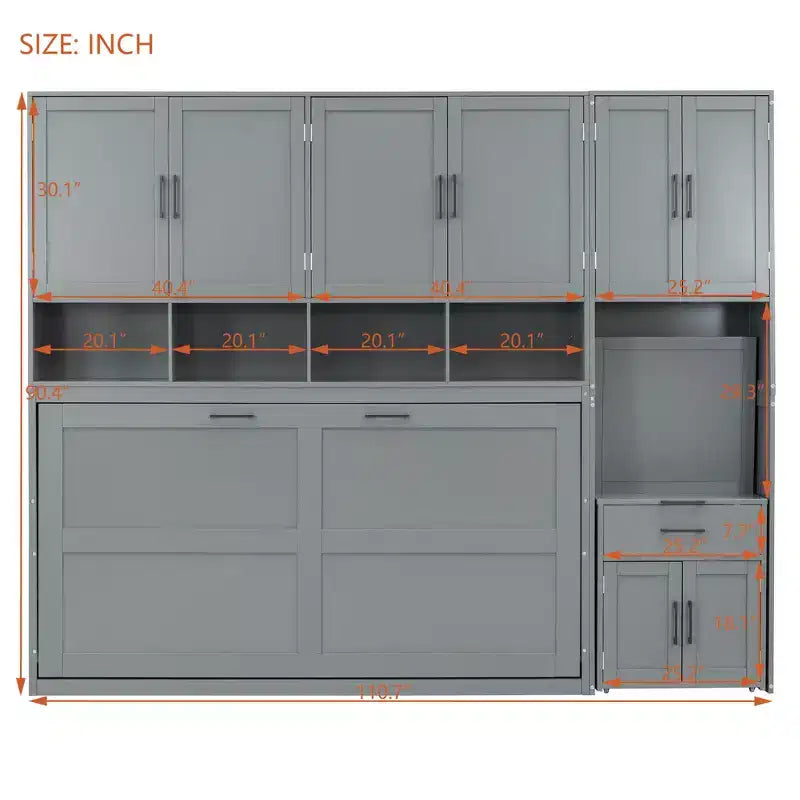 Lit escamotable mural simple avec placard, tiroirs et bureau