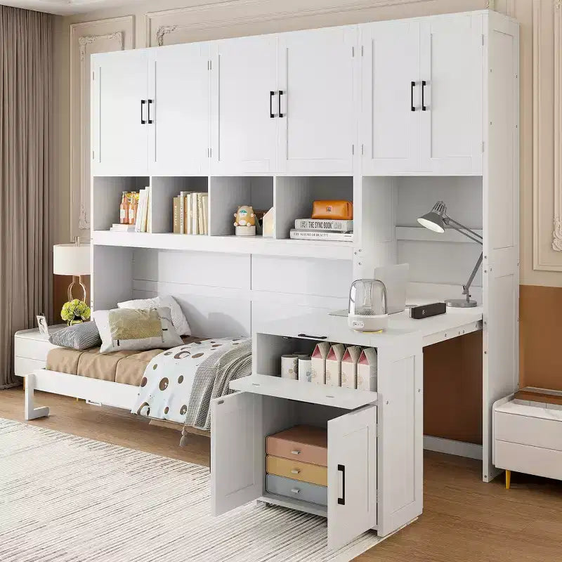 Lit escamotable mural simple avec placard, tiroirs et bureau