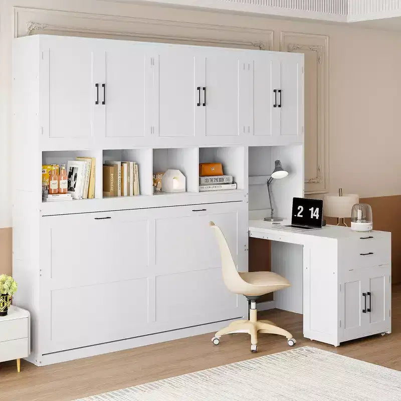 Lit escamotable mural simple avec placard, tiroirs et bureau