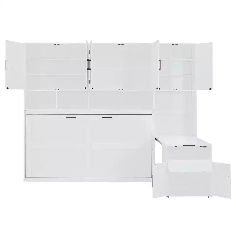 Lit escamotable mural simple avec placard, tiroirs et bureau
