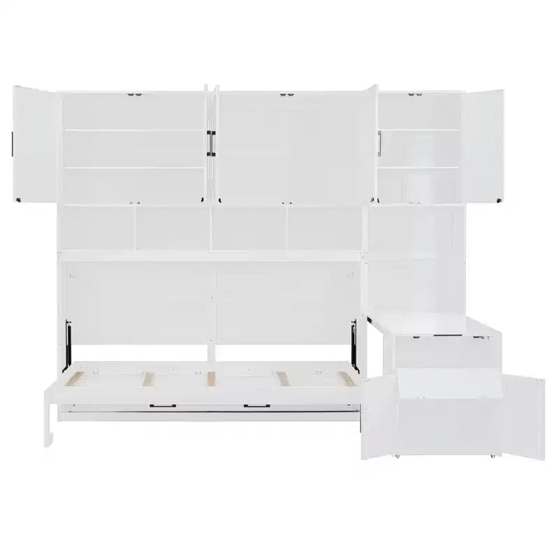 Lit escamotable mural simple avec placard, tiroirs et bureau