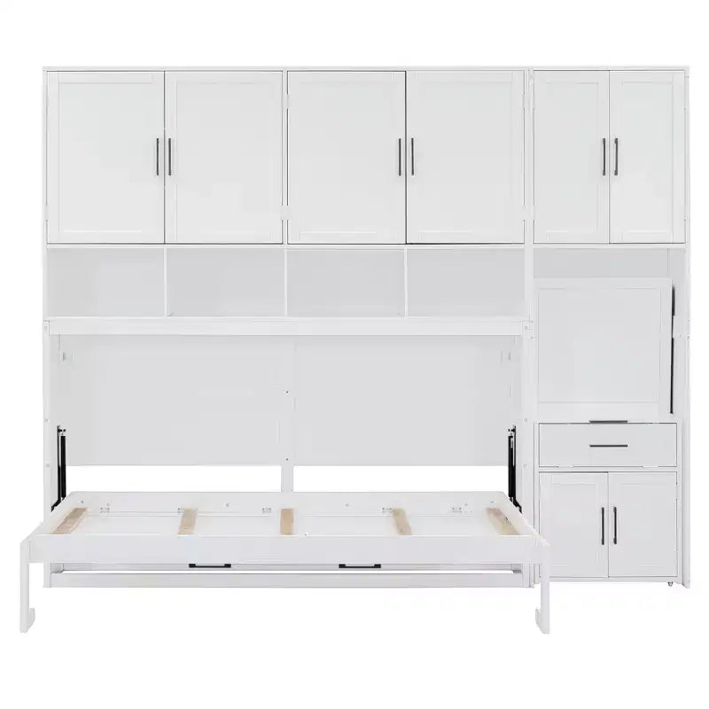 Lit escamotable mural simple avec placard, tiroirs et bureau