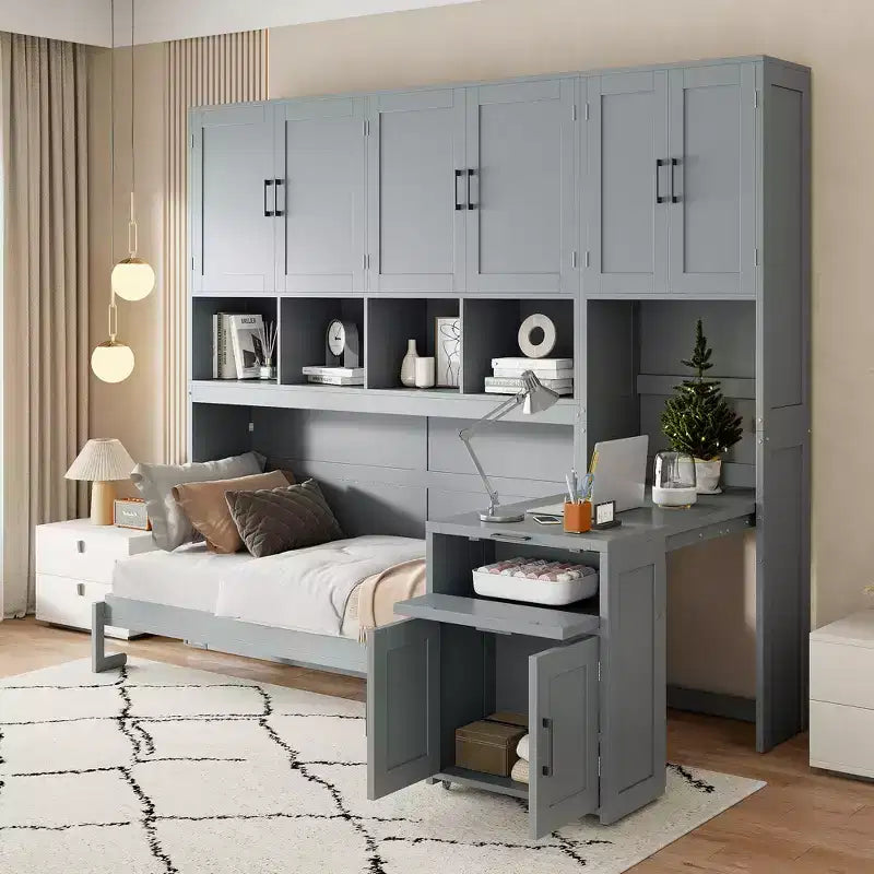 Lit escamotable mural simple avec placard, tiroirs et bureau