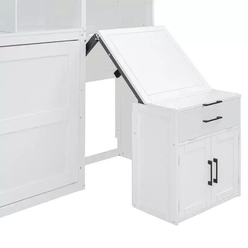 Lit escamotable mural simple avec placard, tiroirs et bureau