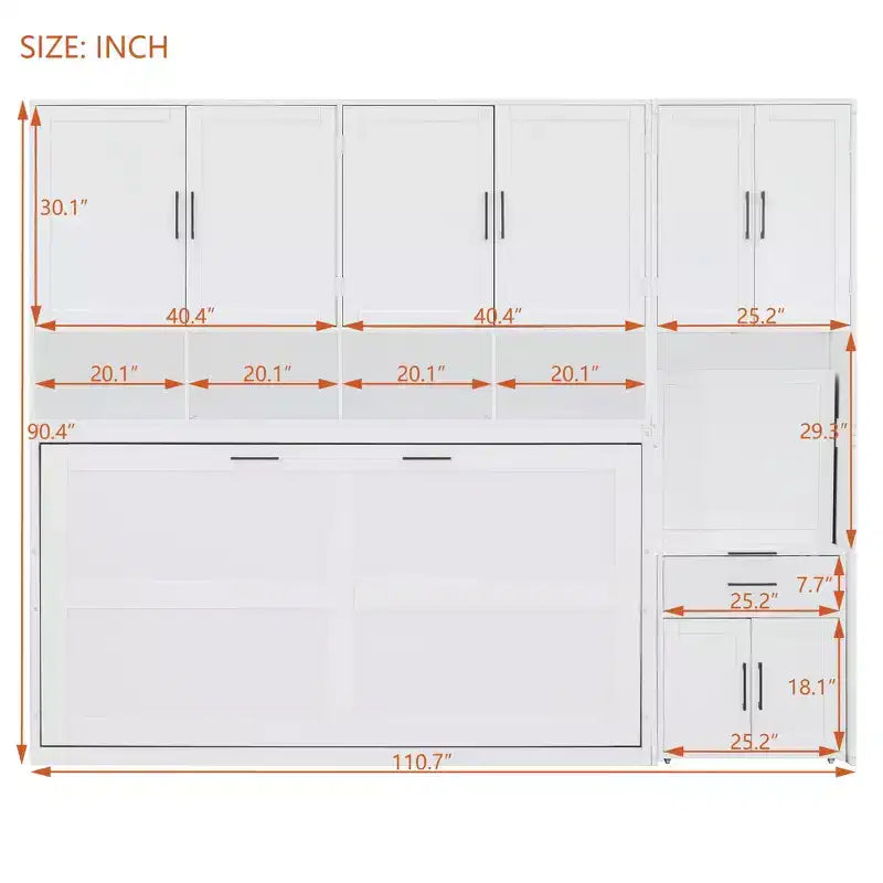 Lit escamotable mural simple avec placard, tiroirs et bureau