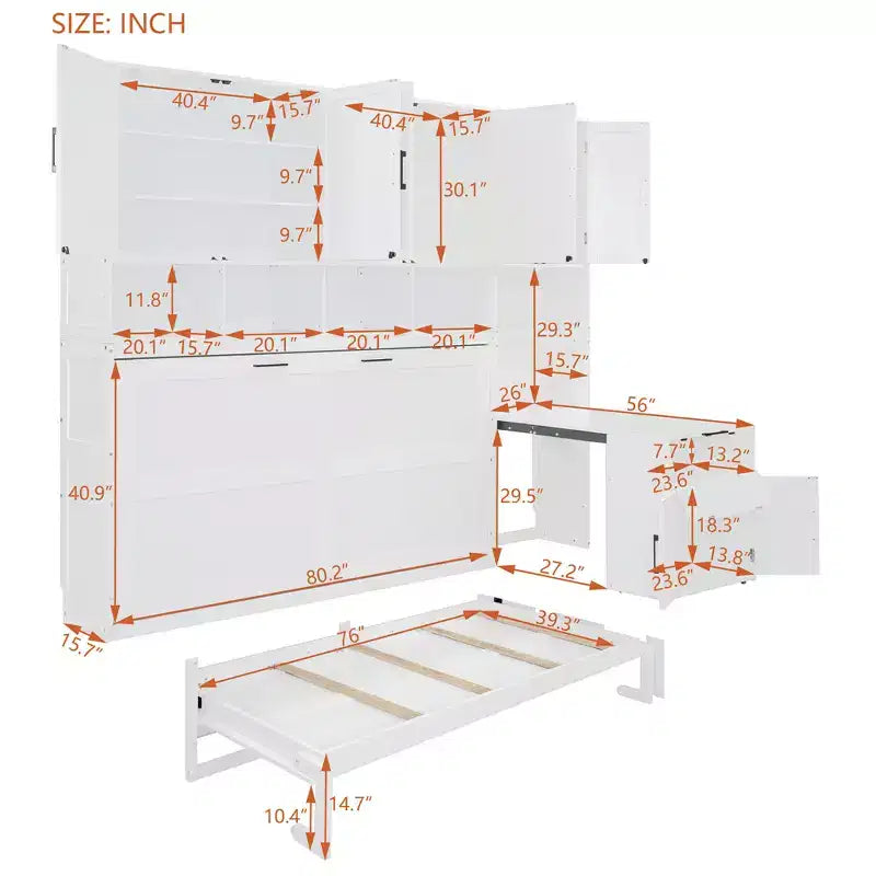 Lit escamotable mural simple avec placard, tiroirs et bureau