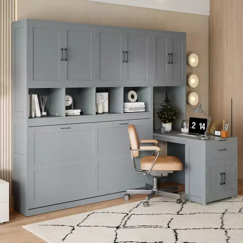 Lit escamotable mural simple avec placard, tiroirs et bureau
