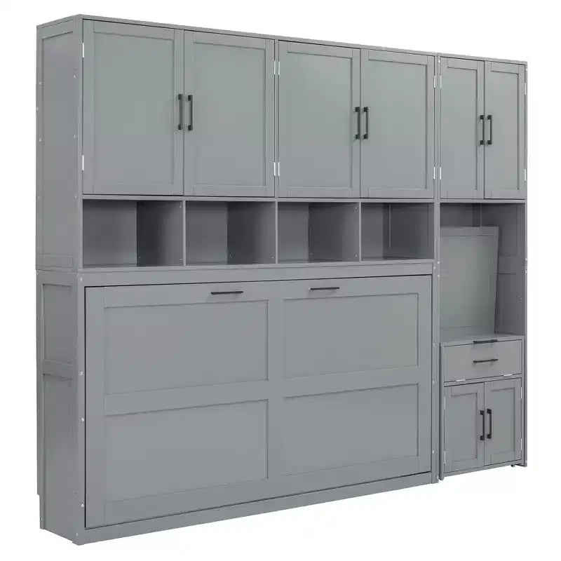 Lit escamotable mural simple avec placard, tiroirs et bureau