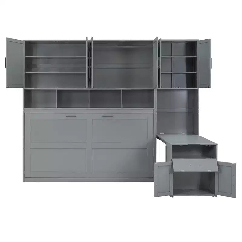 Lit escamotable mural simple avec placard, tiroirs et bureau