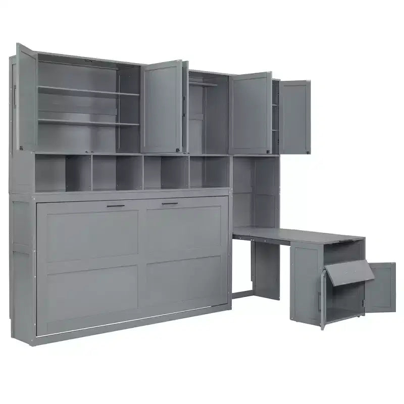 Lit escamotable mural simple avec placard, tiroirs et bureau