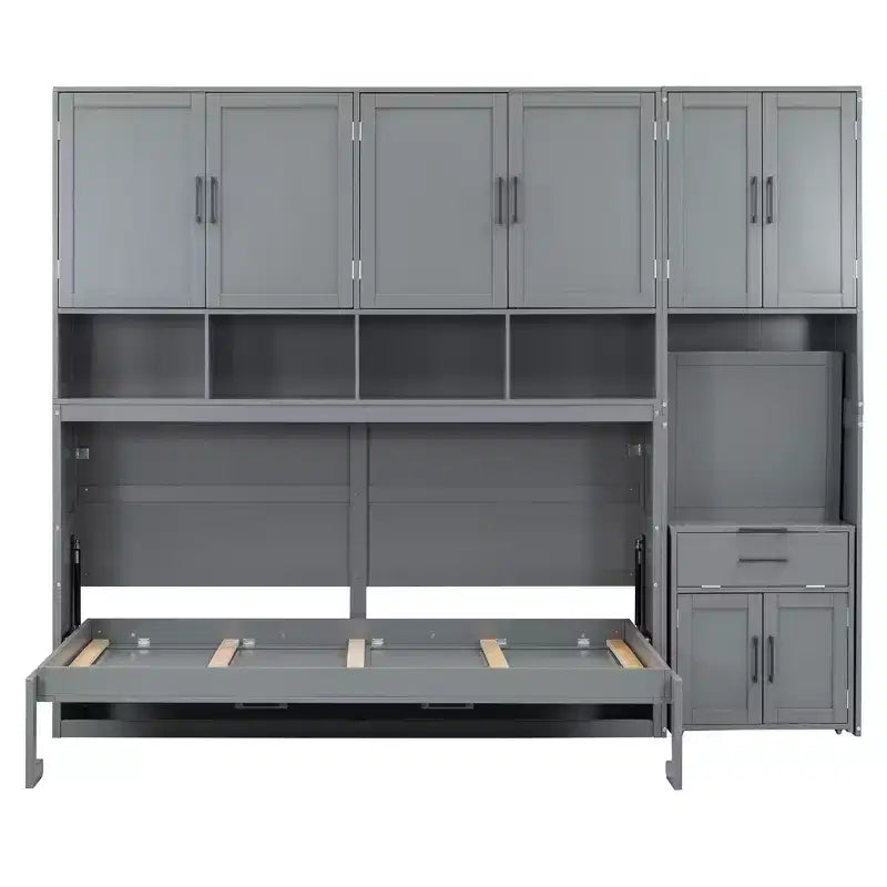 Lit escamotable mural simple avec placard, tiroirs et bureau