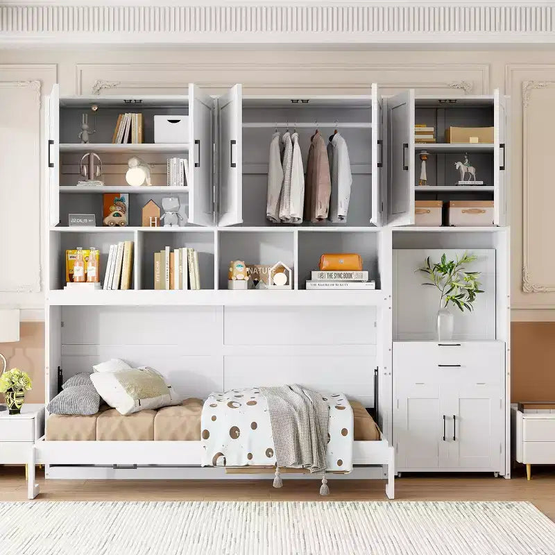 Lit escamotable mural simple avec placard, tiroirs et bureau
