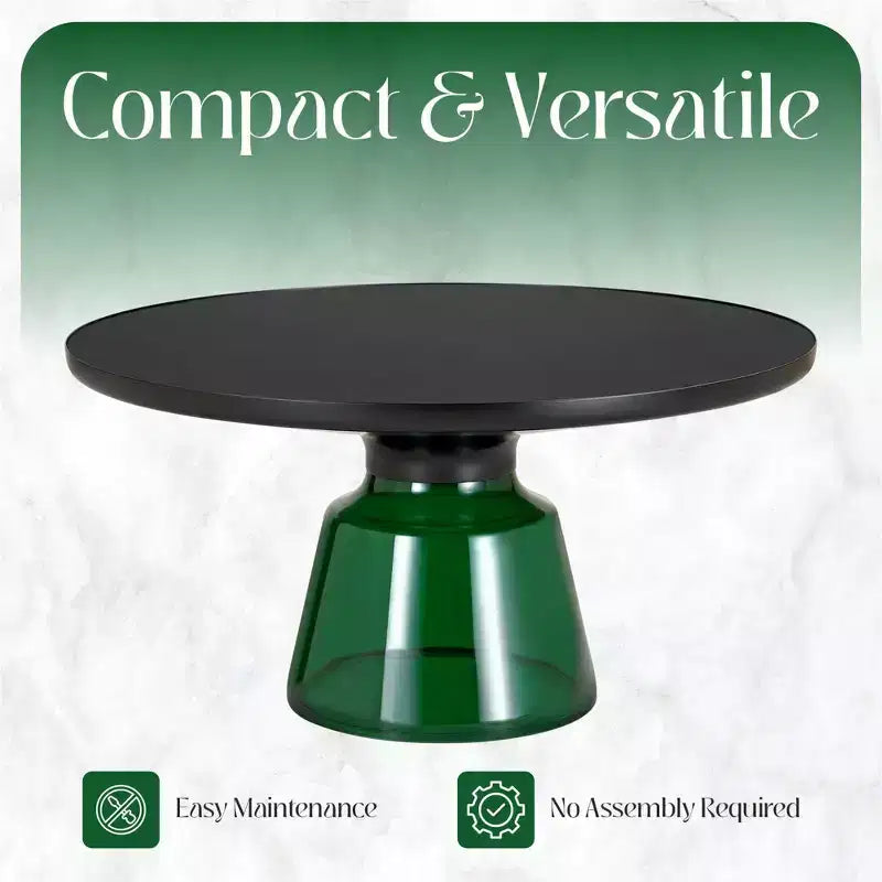 Table basse moderne en verre - Table basse ronde avec rebord noir et cadre métallique robuste pour le salon et le séjour