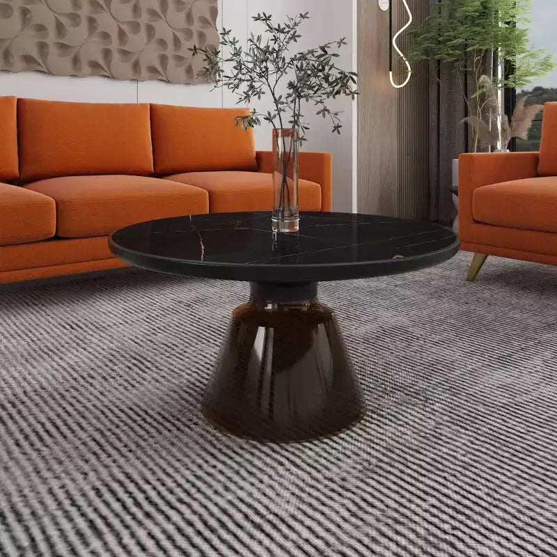 Table basse moderne en verre - Table basse ronde avec rebord noir et cadre métallique robuste pour le salon et le séjour