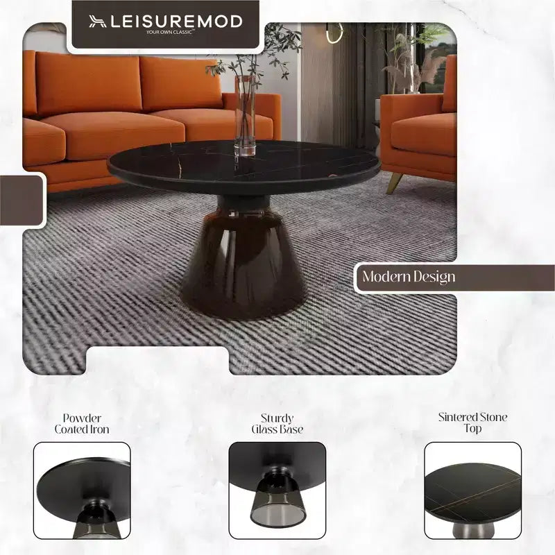 Table basse moderne en verre - Table basse ronde avec rebord noir et cadre métallique robuste pour le salon et le séjour