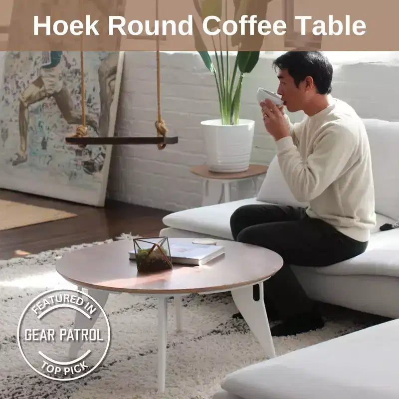 Table basse ronde de 86 cm, assemblage rapide en un clic, design pliable contemporain et peu encombrant, centre de table minimaliste portable