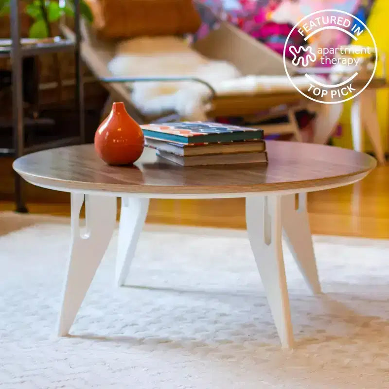 Table basse ronde de 86 cm, assemblage rapide en un clic, design pliable contemporain et peu encombrant, centre de table minimaliste portable