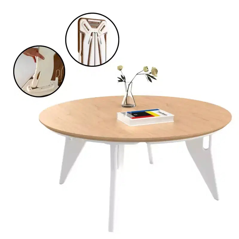 Table basse ronde de 86 cm, assemblage rapide en un clic, design pliable contemporain et peu encombrant, centre de table minimaliste portable