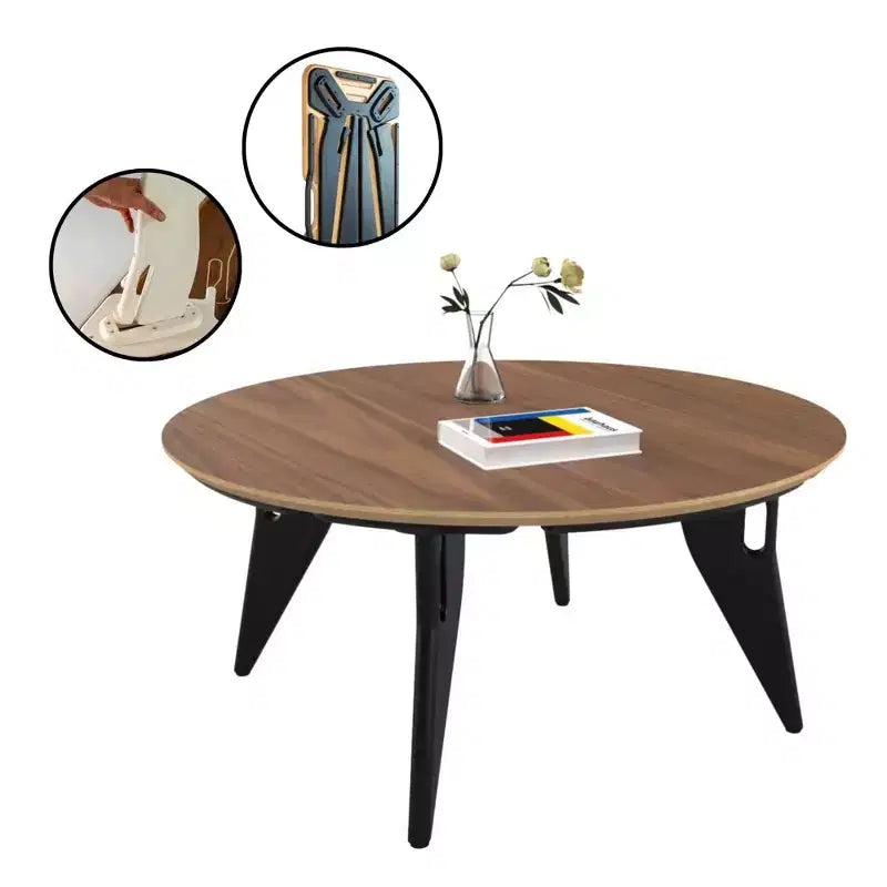 Table basse ronde de 86 cm, assemblage rapide en un clic, design pliable contemporain et peu encombrant, centre de table minimaliste portable