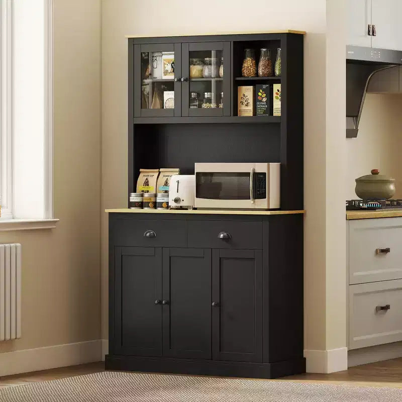 Meuble de cuisine indépendant avec plan de travail large, Armoire de garde-manger haute avec étagères réglables, Vaisselier moderne pour salle à manger