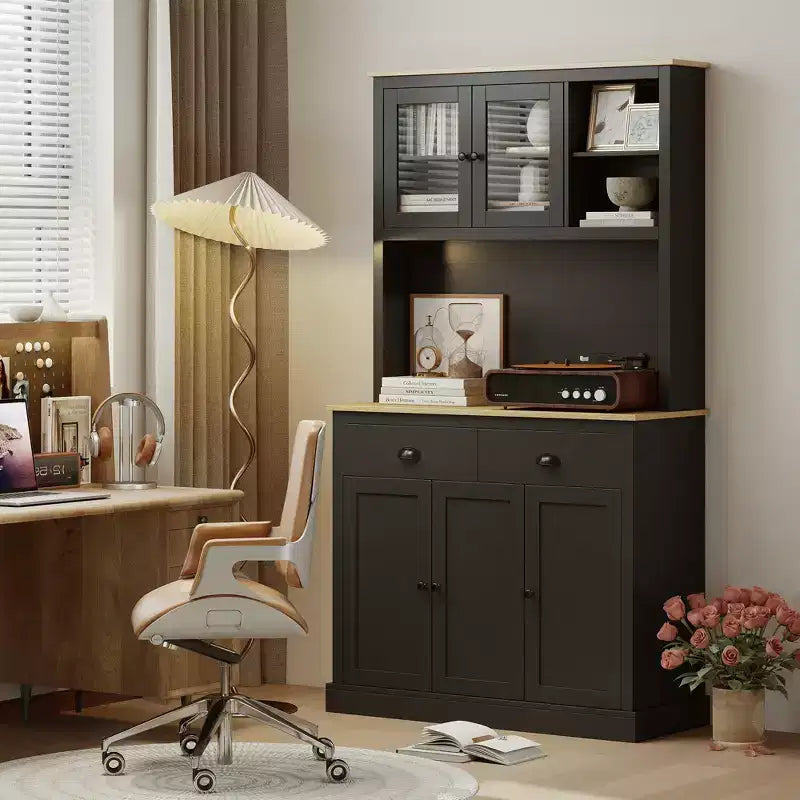 Meuble de cuisine indépendant avec plan de travail large, Armoire de garde-manger haute avec étagères réglables, Vaisselier moderne pour salle à manger