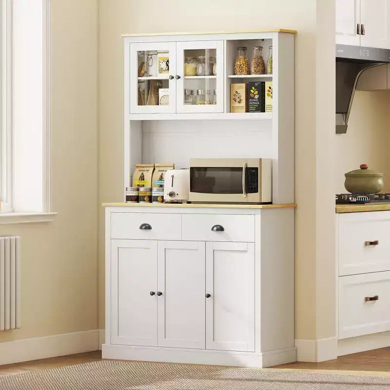 Meuble de cuisine indépendant avec plan de travail large, Armoire de garde-manger haute avec étagères réglables, Vaisselier moderne pour salle à manger