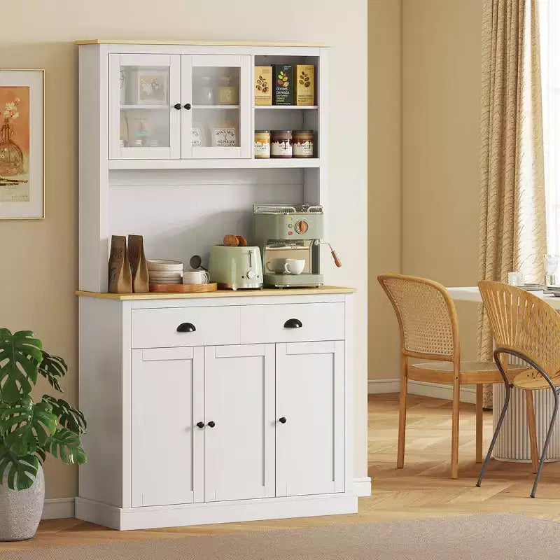 Meuble de cuisine indépendant avec plan de travail large, Armoire de garde-manger haute avec étagères réglables, Vaisselier moderne pour salle à manger