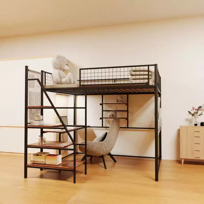Lit mezzanine noir pleine grandeur en métal - Bureau, station de recharge, lumières LED et rangement, capacité de 180 kg pour chambre à coucher/dortoir
