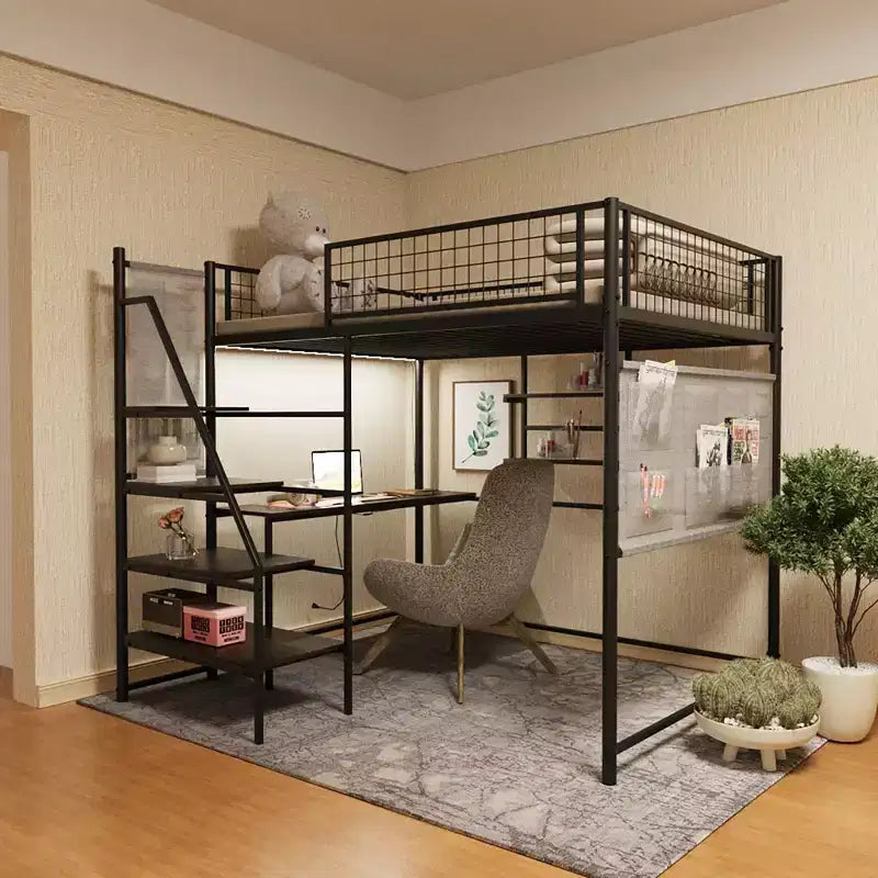 Lit mezzanine noir pleine grandeur en métal - Bureau, station de recharge, lumières LED et rangement, capacité de 180 kg pour chambre à coucher/dortoir