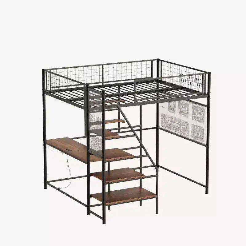 Lit mezzanine noir pleine grandeur en métal - Bureau, station de recharge, lumières LED et rangement, capacité de 180 kg pour chambre à coucher/dortoir