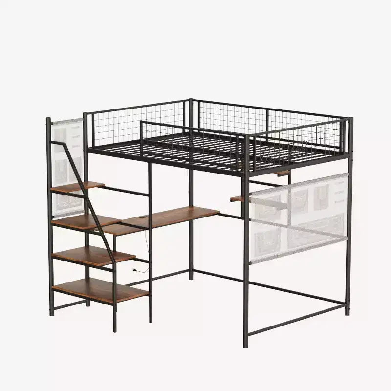 Lit mezzanine noir pleine grandeur en métal - Bureau, station de recharge, lumières LED et rangement, capacité de 180 kg pour chambre à coucher/dortoir
