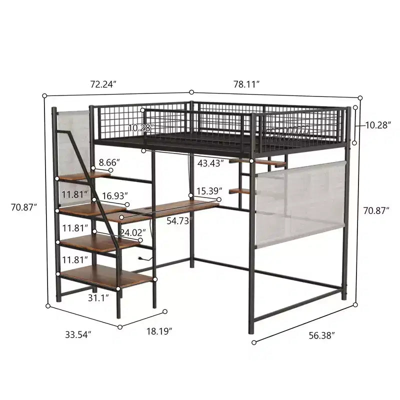 Lit mezzanine noir pleine grandeur en métal - Bureau, station de recharge, lumières LED et rangement, capacité de 180 kg pour chambre à coucher/dortoir