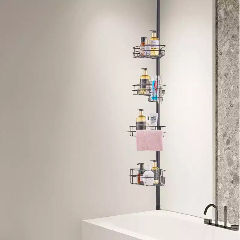 Étagère d'angle de douche à 4 niveaux à tension réglable de 142 à 289 cm, Organisateur de salle de bain résistant à la rouille
