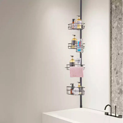 Étagère d'angle de douche à 4 niveaux à tension réglable de 142 à 289 cm, Organisateur de salle de bain résistant à la rouille