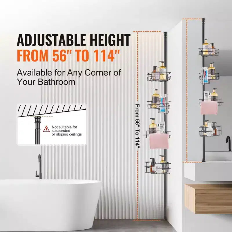 Étagère d'angle de douche à 4 niveaux à tension réglable de 142 à 289 cm, Organisateur de salle de bain résistant à la rouille