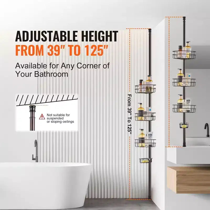 Étagère d'angle de douche 3 niveaux à tension, réglable 99-317 cm, organiseur de salle de bain résistant à la rouille