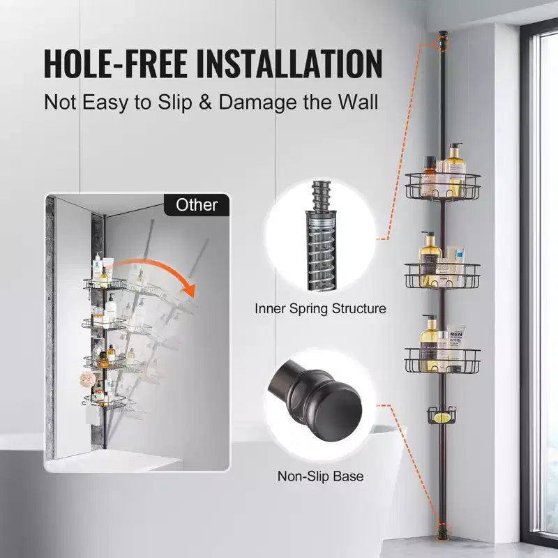 Étagère d'angle de douche 3 niveaux à tension, réglable 99-317 cm, organiseur de salle de bain résistant à la rouille