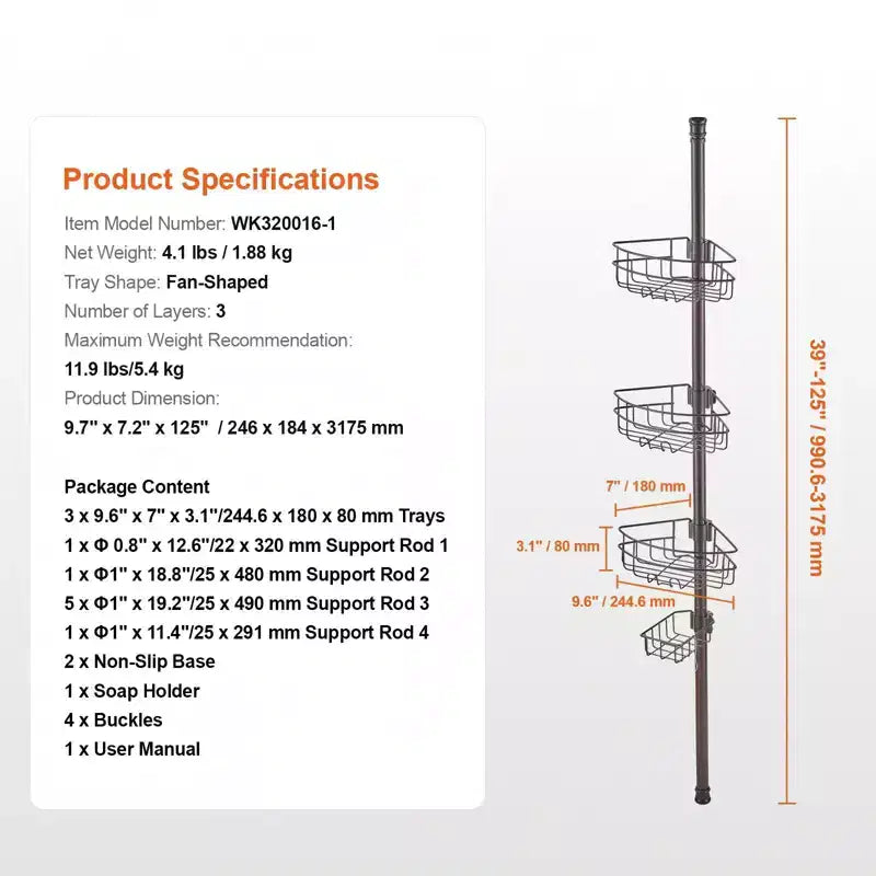Étagère d'angle de douche 3 niveaux à tension, réglable 99-317 cm, organiseur de salle de bain résistant à la rouille