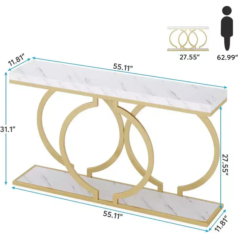 Console d'entrée dorée de 55 pouces, table d'entrée moderne avec structure géométrique en métal, table de canapé en faux marbre pour salon, entrée, couloir