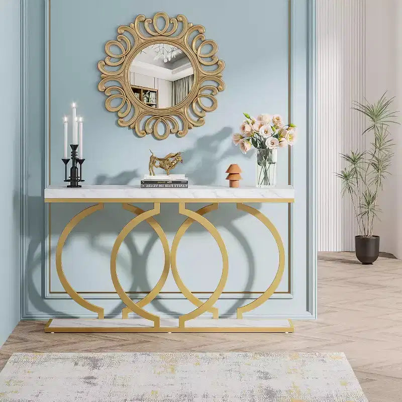 Console d'entrée dorée de 55 pouces, table d'entrée moderne avec structure géométrique en métal, table de canapé en faux marbre pour salon, entrée, couloir