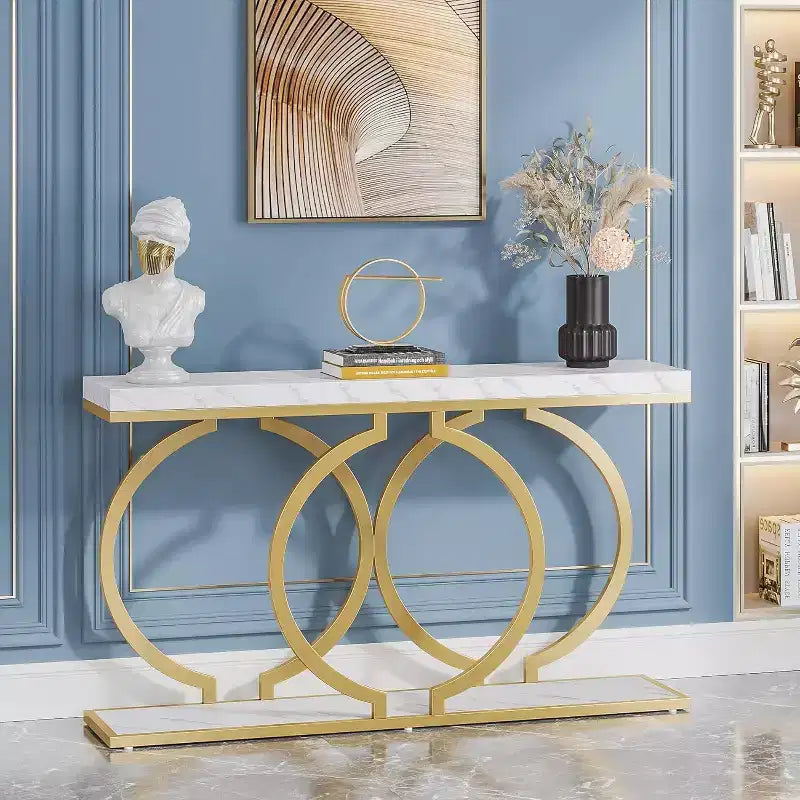 Console d'entrée dorée de 55 pouces, table d'entrée moderne avec structure géométrique en métal, table de canapé en faux marbre pour salon, entrée, couloir