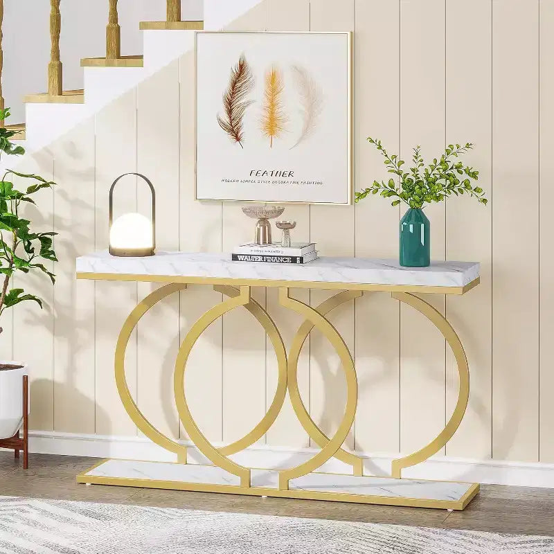 Console d'entrée dorée de 55 pouces, table d'entrée moderne avec structure géométrique en métal, table de canapé en faux marbre pour salon, entrée, couloir