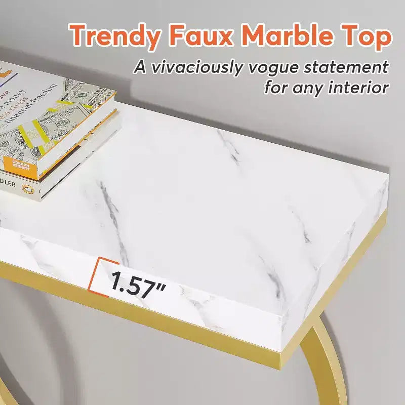 Console d'entrée dorée de 55 pouces, table d'entrée moderne avec structure géométrique en métal, table de canapé en faux marbre pour salon, entrée, couloir