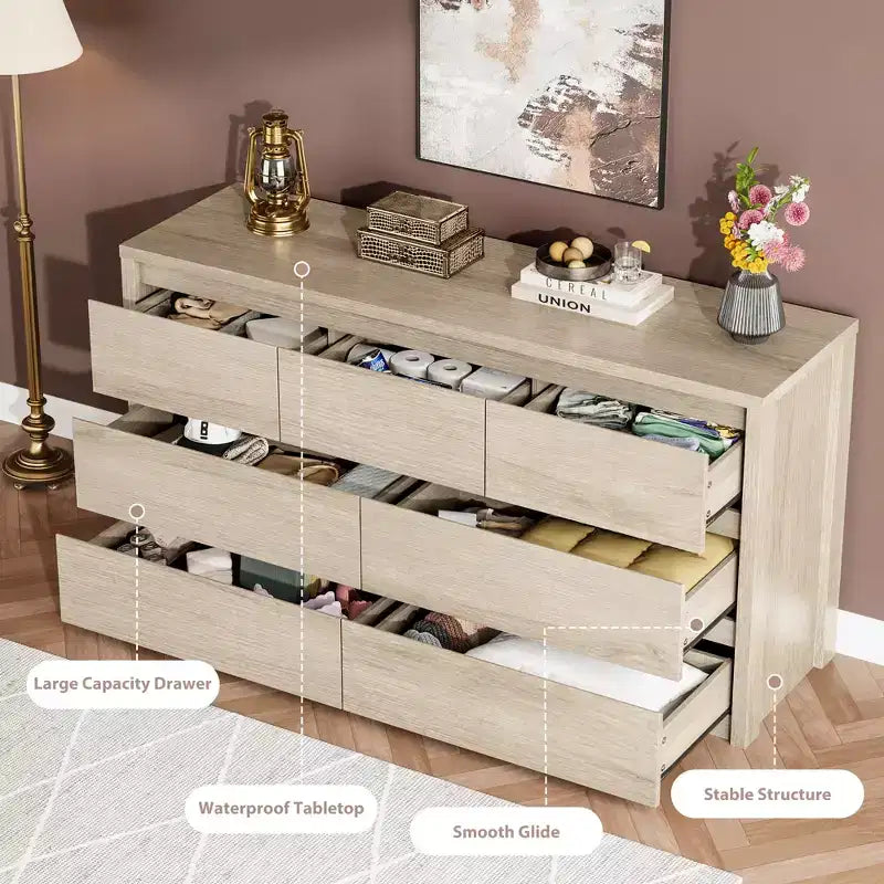 Commode à 7 tiroirs pour chambre à coucher, Grande commode en bois moderne avec grand espace de rangement, Organisateur de commode en bois pour salon, couloir, entrée