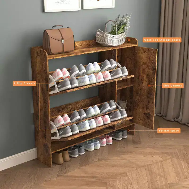 Meuble à chaussures autoportant brun rustique de 104 cm – MDF, 2 tiroirs basculants et portes miroir, rangement étroit pour entrée, personnalisable
