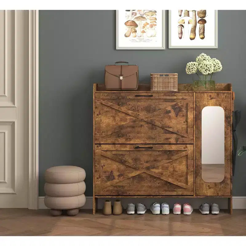 Meuble à chaussures autoportant brun rustique de 104 cm – MDF, 2 tiroirs basculants et portes miroir, rangement étroit pour entrée, personnalisable