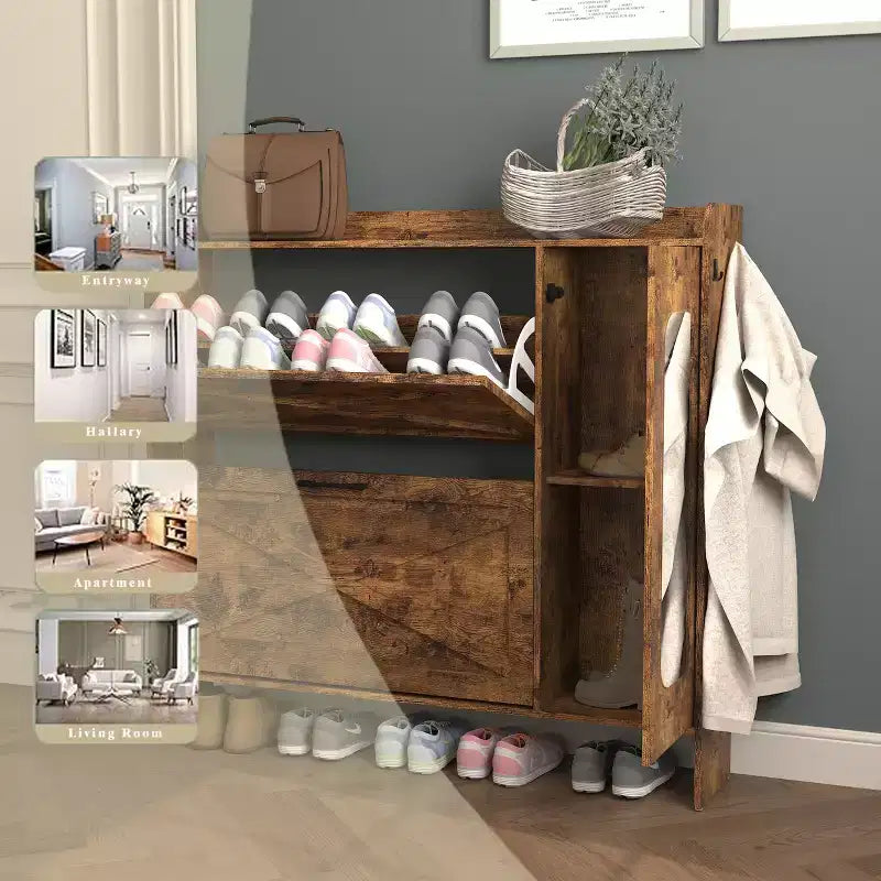 Meuble à chaussures autoportant brun rustique de 104 cm – MDF, 2 tiroirs basculants et portes miroir, rangement étroit pour entrée, personnalisable