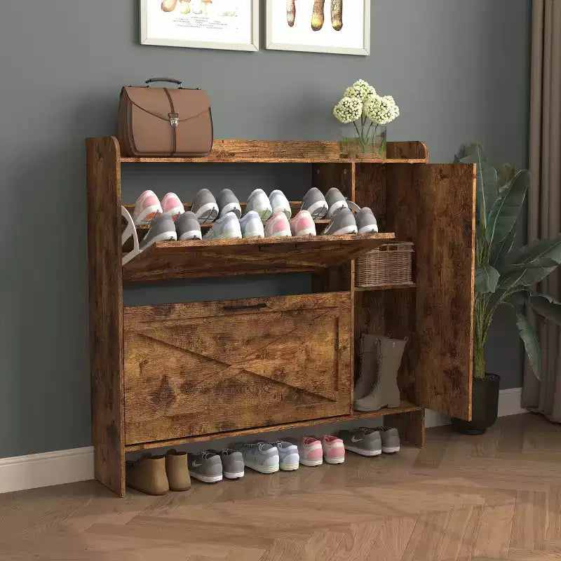 Meuble à chaussures autoportant brun rustique de 104 cm – MDF, 2 tiroirs basculants et portes miroir, rangement étroit pour entrée, personnalisable