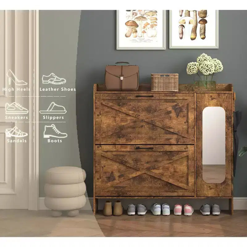 Meuble à chaussures autoportant brun rustique de 104 cm – MDF, 2 tiroirs basculants et portes miroir, rangement étroit pour entrée, personnalisable
