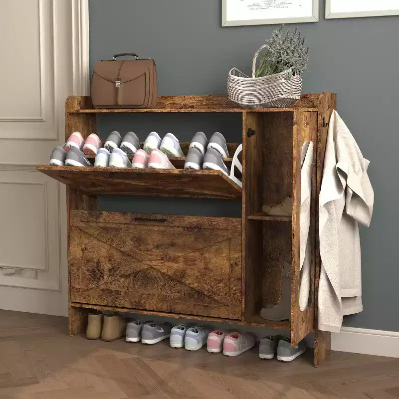 Meuble à chaussures autoportant brun rustique de 104 cm – MDF, 2 tiroirs basculants et portes miroir, rangement étroit pour entrée, personnalisable